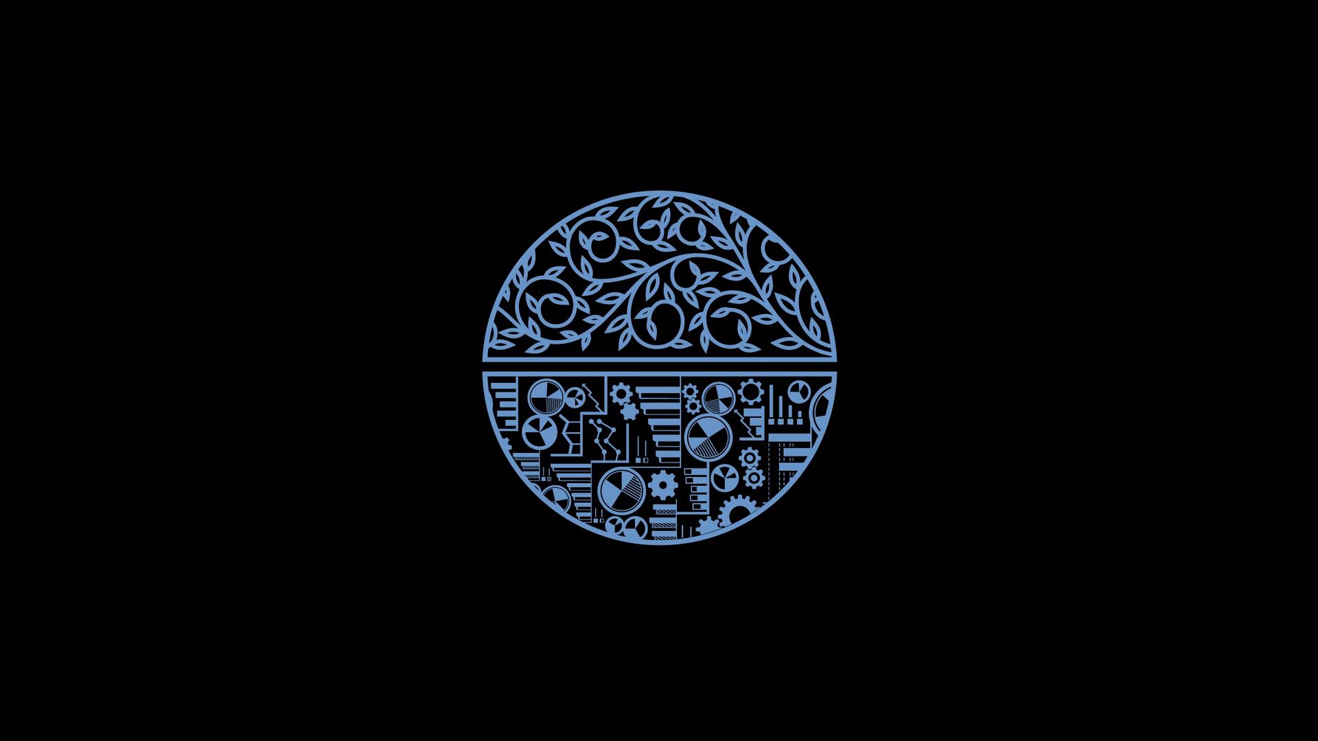 A circle segmented in two parts . One half is filled with gears and the other is filled with leafs