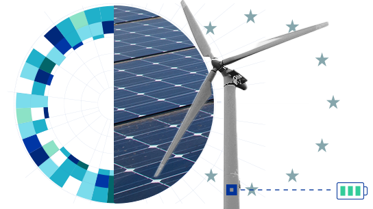 Koliažas, atspindintis atsinaujinančiųjų energijos išteklių integravimą: pavaizduota vėjo jėgainė, fotovoltinės plokštės ir baterijos piktograma, simbolizuojanti energijos kaupimą.