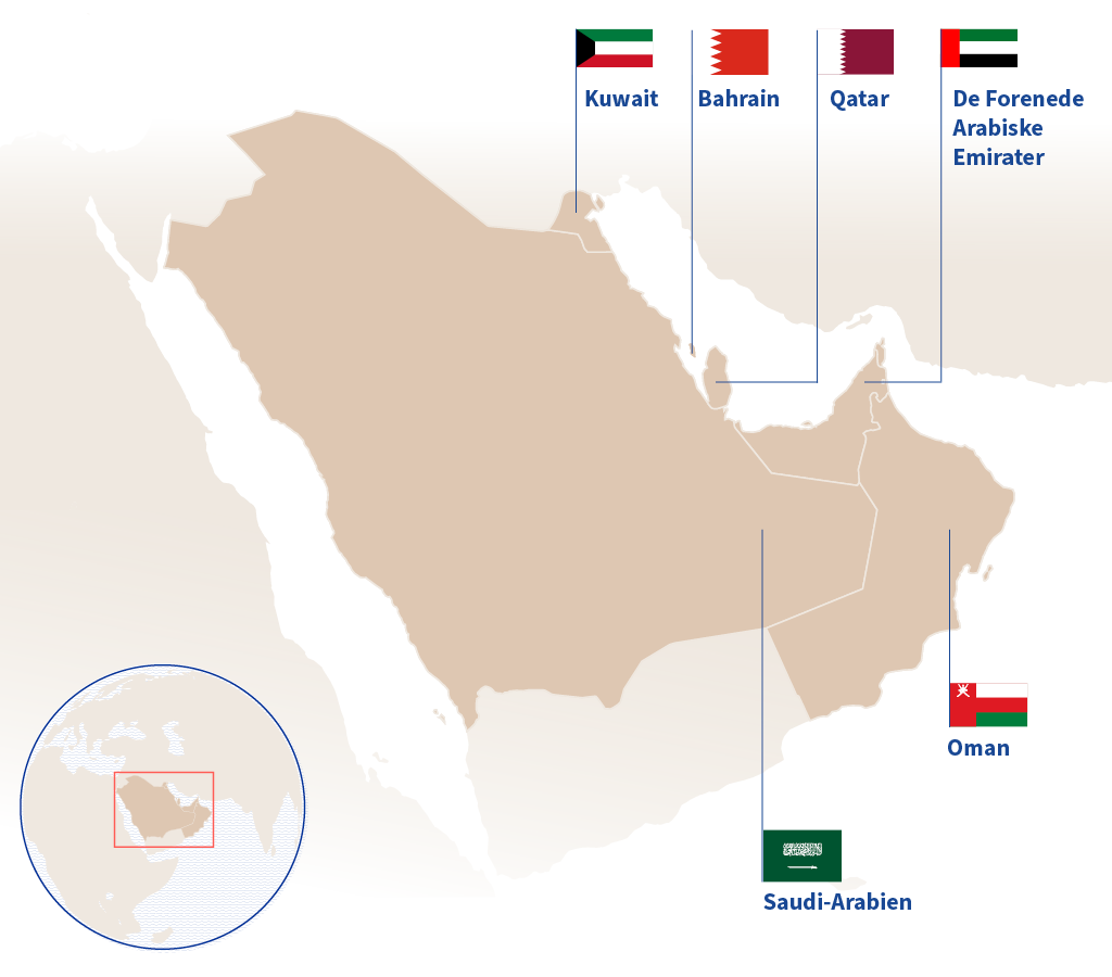 Kort, der fremhæver de seks arabiske Golfstater, der er en del af Golfstaternes Samarbejdsråd: Saudi-Arabien, De Forenede Arabiske Emirater, Oman, Kuwait, Qatar og Bahrain.