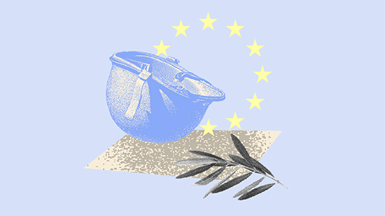 A military helmet, an olive branch and the stars of the EU flag.