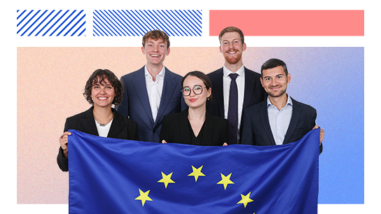A group of five trainees wearing formal, dark clothes, holding the EU flag, on a blue and yellow background.