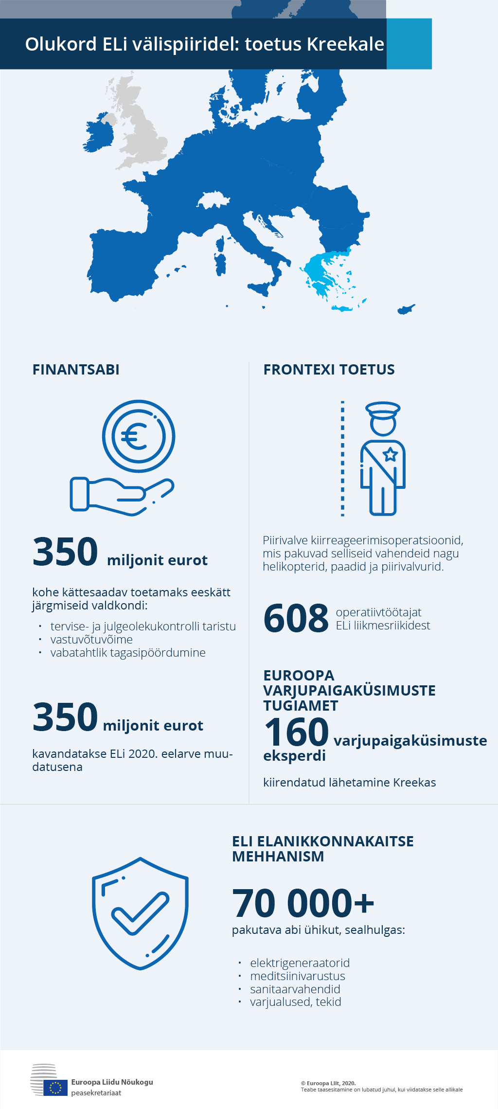 The EU activates support measures for Greece to deal with the situation on the EU's external borders: financial assistance, support from Frontex, expertise from the European Asylum Support Office (EASO) and assistance from the EU Civil Protection Mechanism.