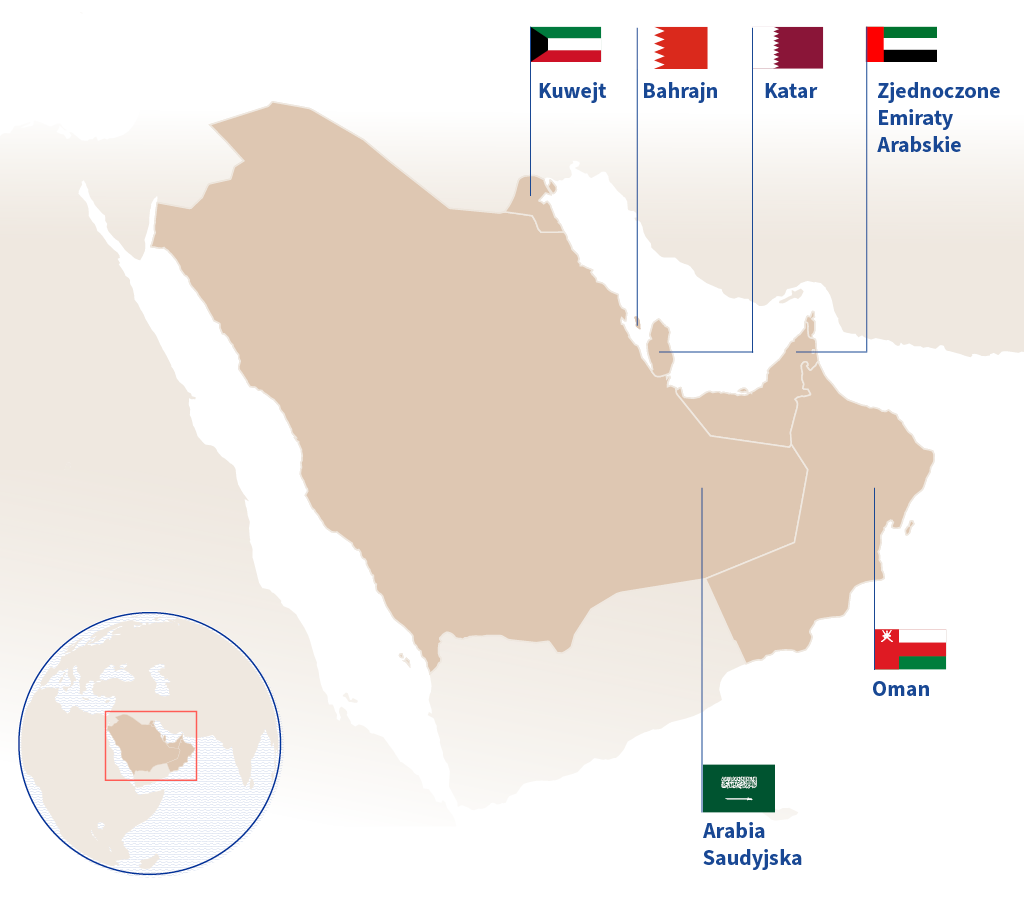 Mapa przedstawiająca sześć państw Zatoki Perskiej należących do Rady Współpracy Państw Zatoki. Są to: Arabia Saudyjska, Bahrajn, Katar, Kuwejt, Oman i Zjednoczone Emiraty Arabskie.