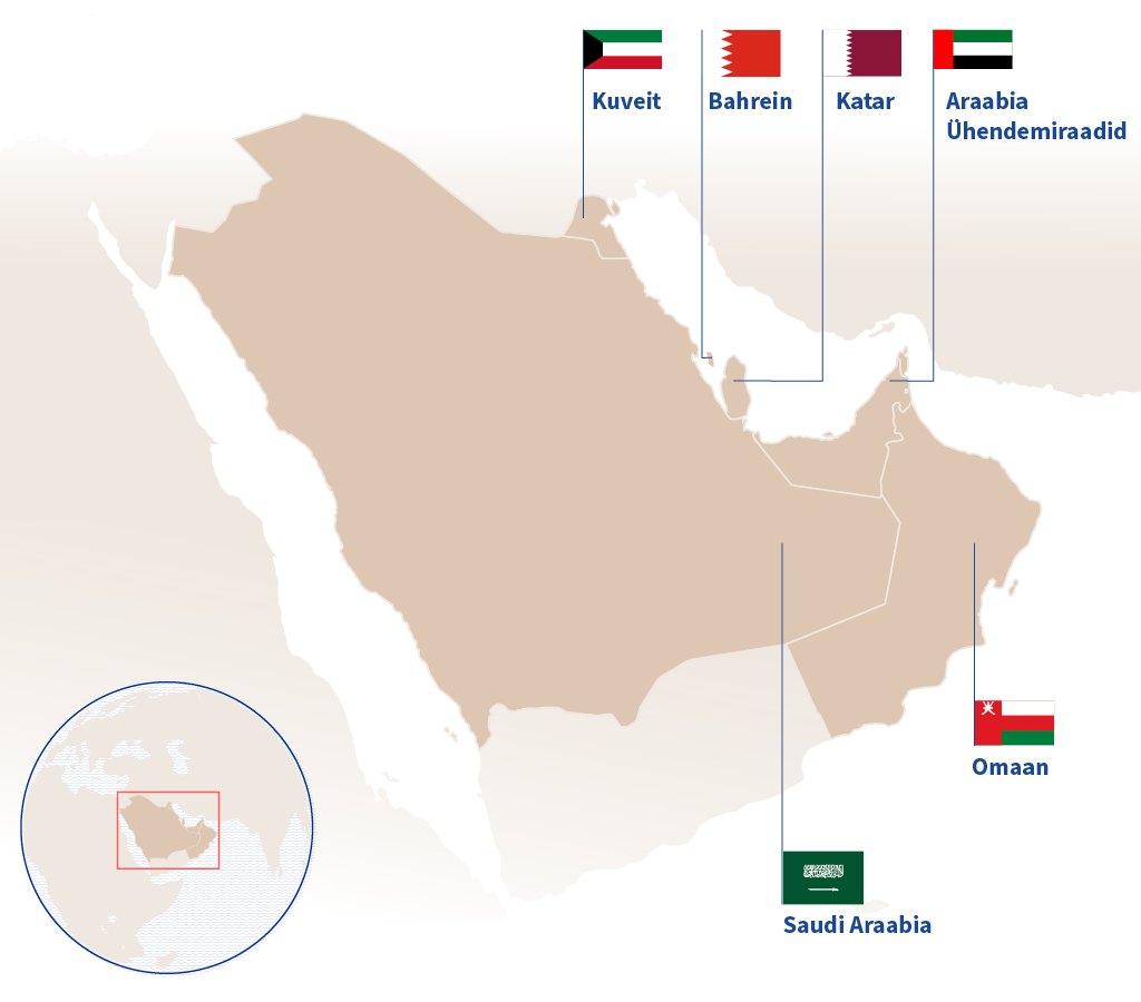 Kaart, millel on näidatud kuus Pärsia lahe koostöönõukogusse kuuluvat Araabia Pärsia lahe riiki: Araabia Ühendemiraadid, Bahrein, Katar, Kuveit, Omaan ja Saudi Araabia.