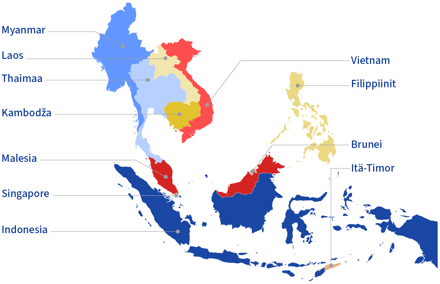 Kaakkois-Aasian kartta, jossa on 11 ASEAN-maata: Brunei, Filippiinit, Indonesia, Itä-Timor, Kambodža, Laos, Malesia, Myanmar, Singapore, Thaimaa ja Vietnam.