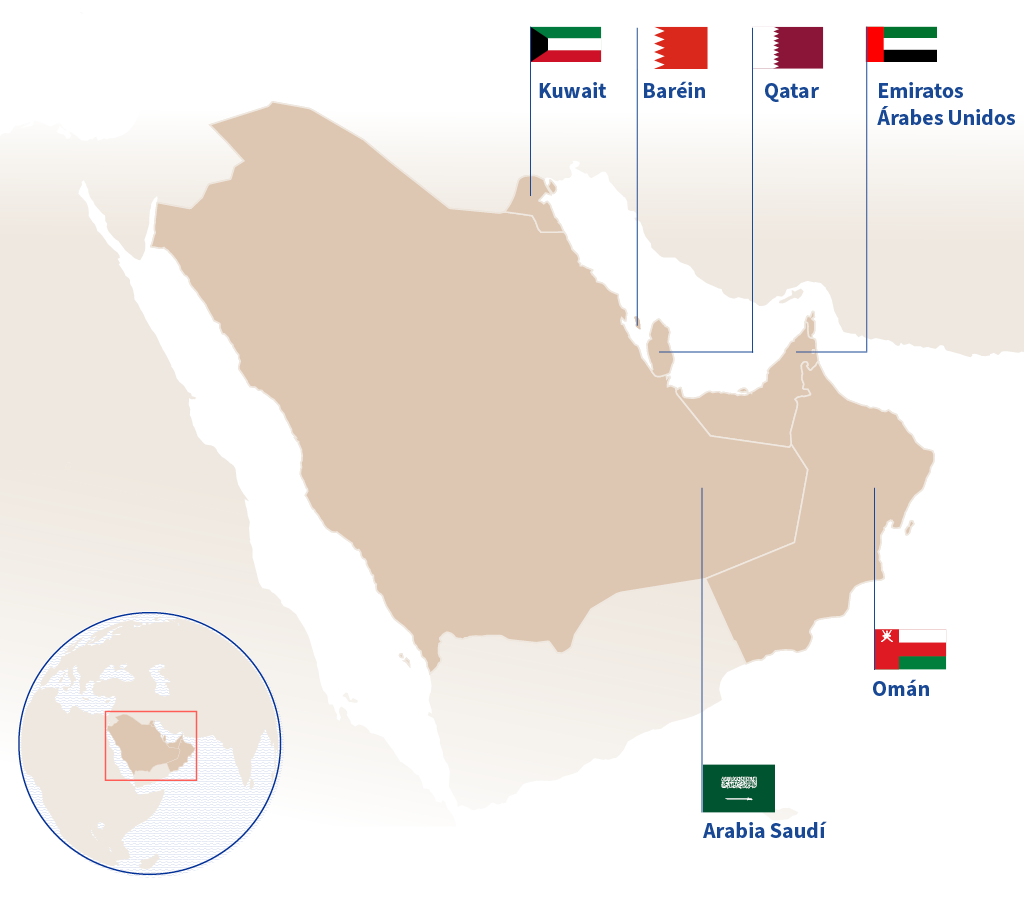 Mapa en el que destacan los seis estados árabes del Golfo que forman parte del Consejo de Cooperación del Golfo: Arabia Saudí, Baréin, Emiratos Árabes Unidos, Kuwait, Omán y Qatar.