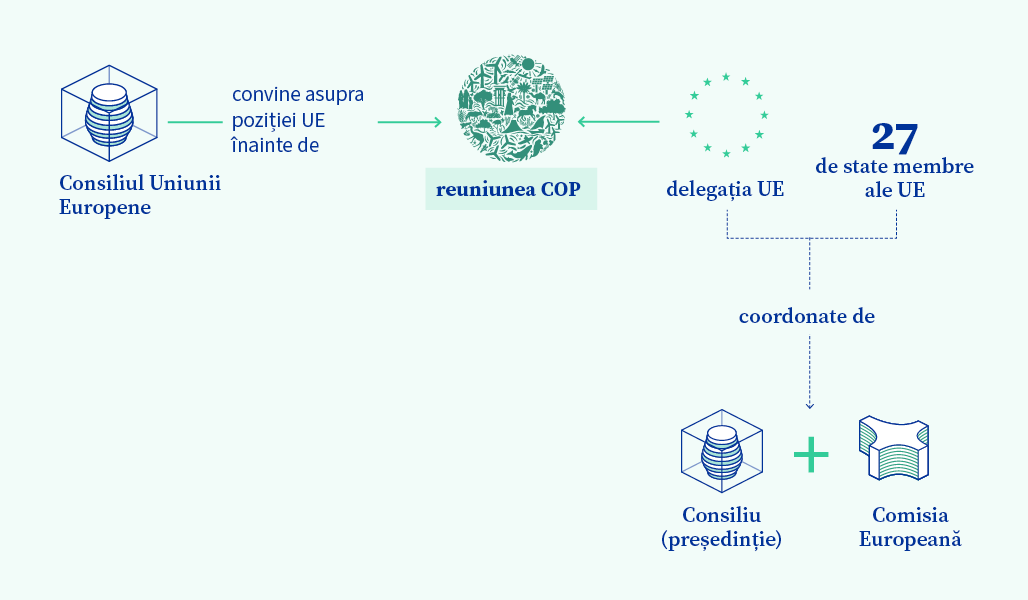 Ilustrare grafică a rolului UE și al Consiliului în cadrul reuniunilor COP.
