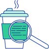 Una lupa que muestra la lista de materiales de los que está hecho un vaso de café para llevar. 