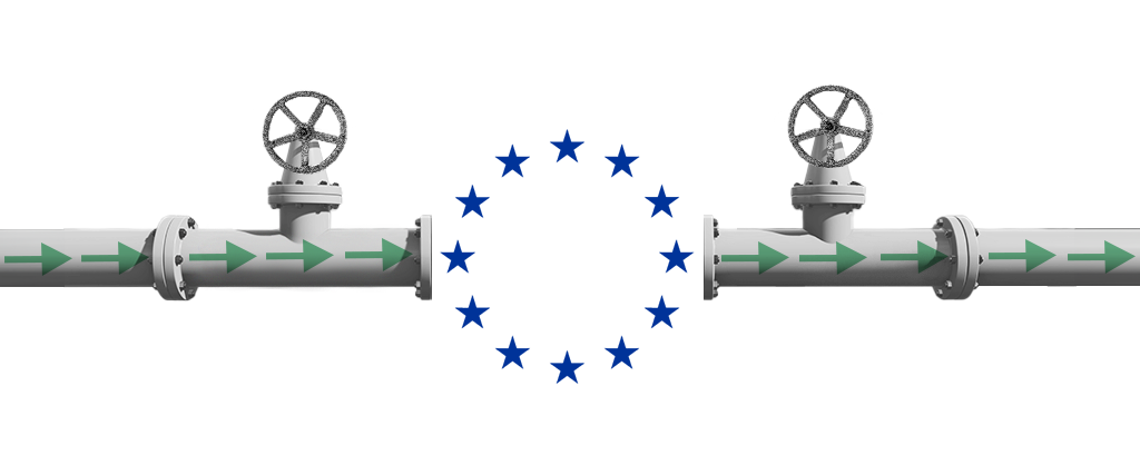 Un tronçon de gazoduc et des flèches indiquant le flux de gaz. Au centre: 12 étoiles en cercle, comme dans l'emblème de l'UE.