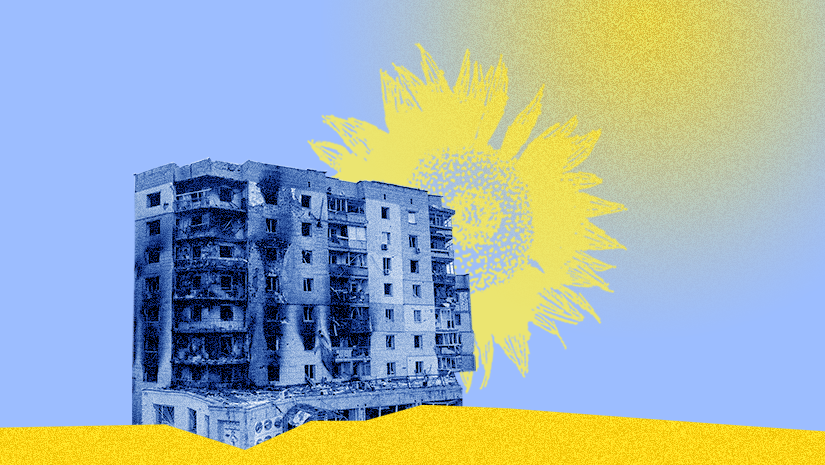 A destroyed building against a blue background that also features a big yellow sunflower.