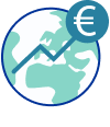 Ikona země se vzestupnou křivkou, na jejímž konci je symbol eura.