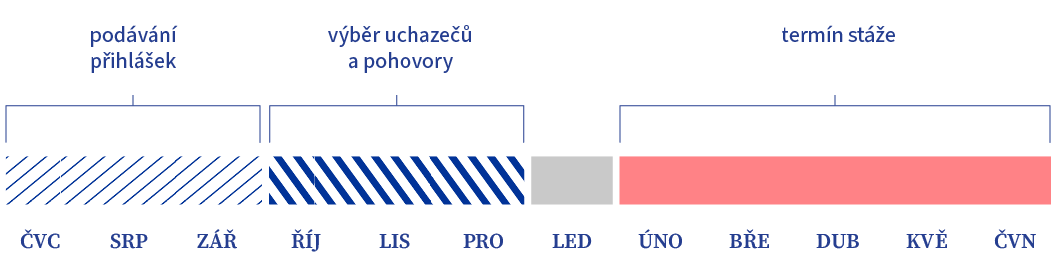 Na této horizontální časové ose rozdělené na jednotlivé měsíce jsou uvedena období pro podávání přihlášek (červenec–září), pro výběr uchazečů a pohovory (říjen–prosinec) a období vlastní stáže (únor–červen), přičemž každé období je znázorněno barevnými sekcemi.