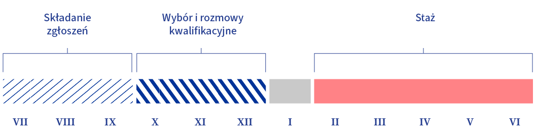 Poziomy miesięczny wykres czasowy przedstawiający okres składania wniosków (lipiec–wrzesień), etap wyboru kandydatów i przeprowadzania rozmów kwalifikacyjnych (październik–grudzień) oraz sam staż (luty–czerwiec). Każdy z etapów oznaczono innym kolorem.