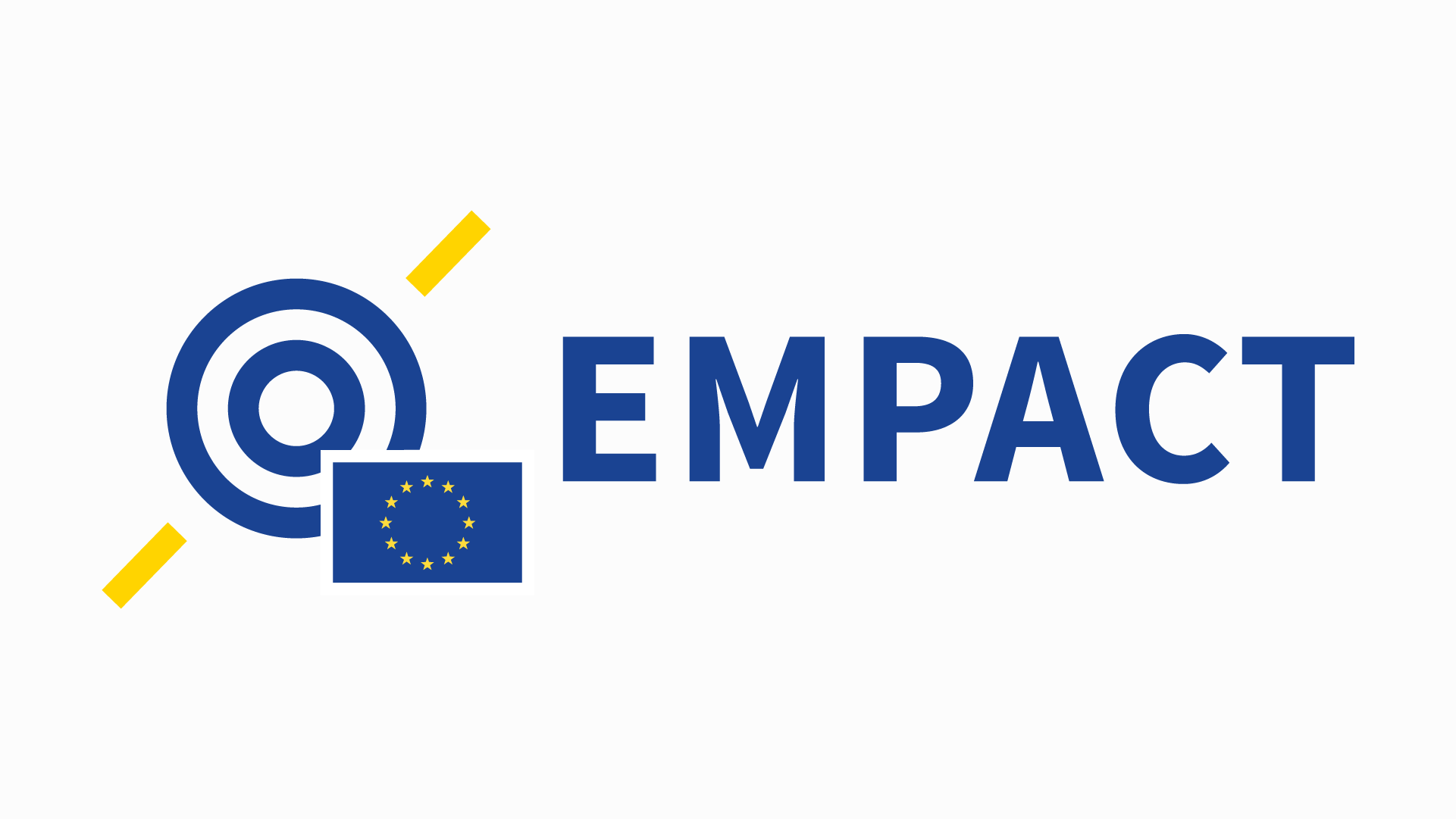 Logo: dvě modré soustředné kružnice, napříč žlutá čára a vlajka EU, slovo EMPACT velkým tiskacím písmem.