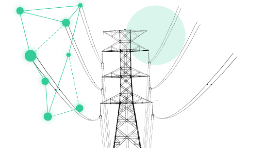 Illustration figurant un pylône électrique connecté par des lignes à haute tension à un réseau constitué de points verts interconnectés, qui représente un réseau électrique, avec un soleil vert pâle en arrière-plan.
