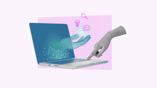 Stilizirana ilustracija digitalne ruke koja izlazi iz zaslona prijenosnog računala kako bi dotakla ljudsku ruku, što simbolizira interakciju ljudi i umjetne inteligencije.