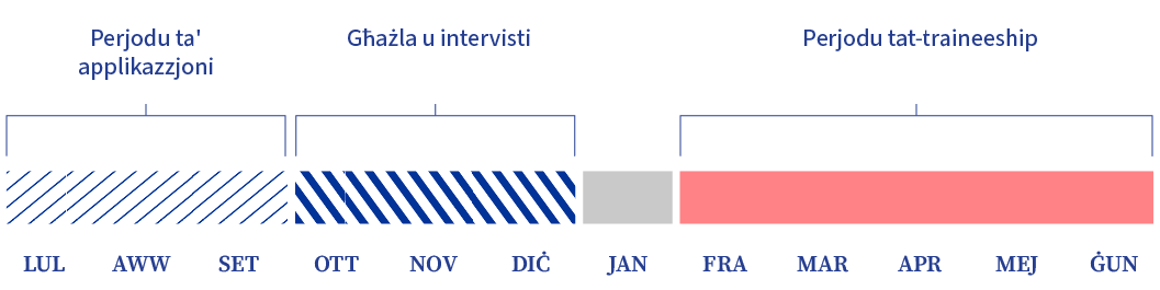 Din l-iskeda ta' żmien orizzontali xahar b'xahar turi l-perjodu tal-applikazzjoni (Lulju-Settembru), l-istadji tal-għażla u tal-intervisti (Ottubru-Diċembru), u t-traineeship (Frar-Ġunju), kull wieħed rappreżentat minn faxxi kkuluriti.