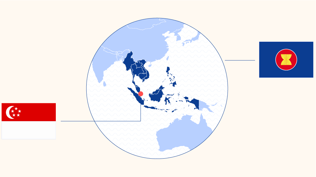 Map of the ASEAN region, highlighting Singapore. The map is flanked by the flag of Singapore on the left and the flag of ASEAN on the right.