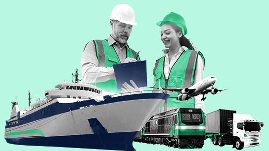 A large ship, a train and a lorry below the figures of two workers in high-visibility safety gear consulting a clipboard.