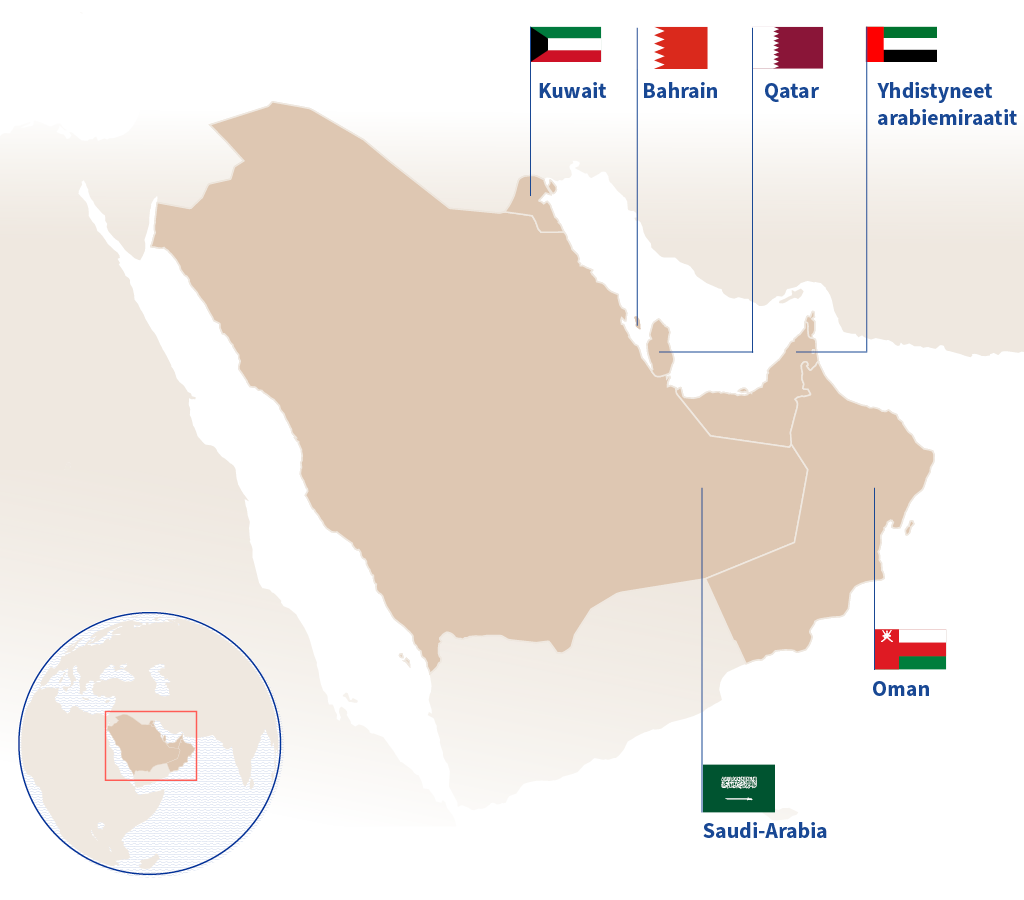 Kartta kuudesta Persianlahden arabivaltiosta, jotka kuuluvat Persianlahden yhteistyöneuvostoon: Saudi-Arabia, Yhdistyneet arabiemiraatit, Oman, Kuwait, Qatar ja Bahrain.