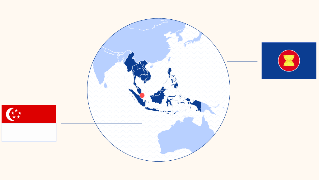 Zemljevid regije ASEAN, na katerem je označen Singapur. Ob zemljevidu je na levi strani singapurska zastava, na desni pa zastava ASEAN.