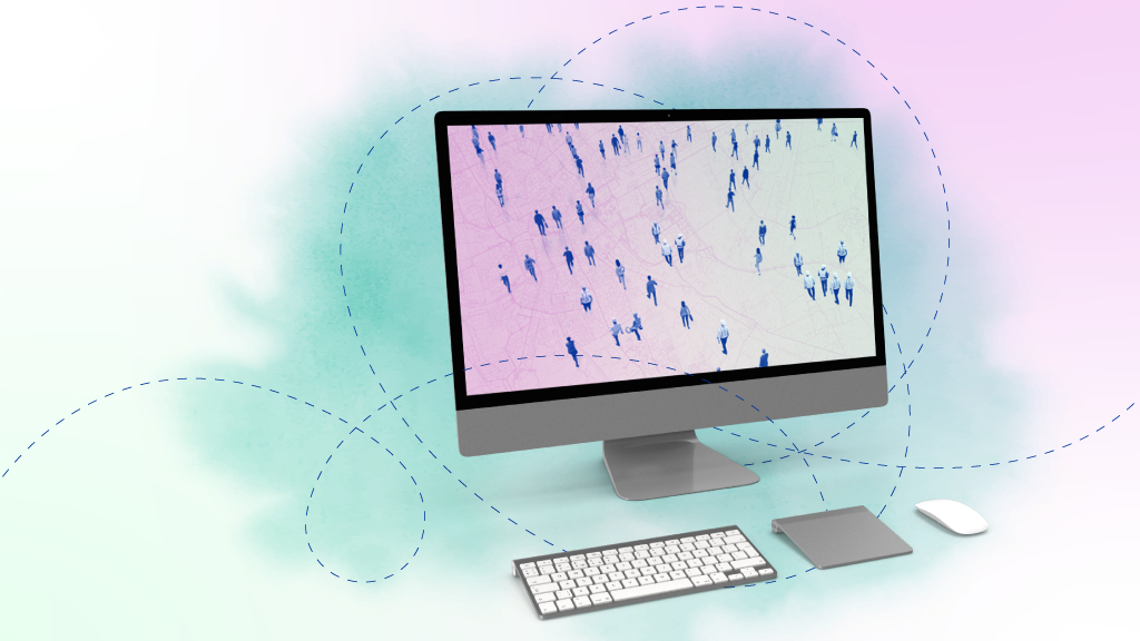 A desktop computer showing a map covered with small human figures, suggesting people working or moving across different locations, with dashed lines looping around the screen, keyboard and mouse.