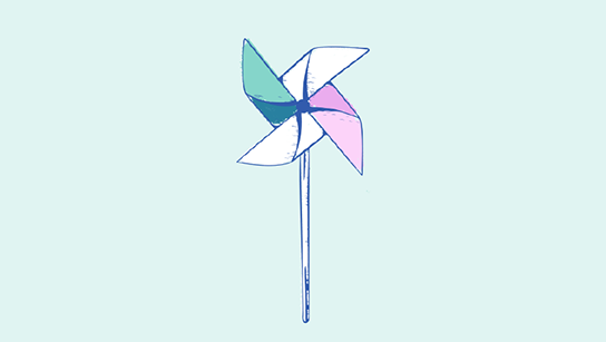 Un simple dessin de moulin à vent en papier dans des tons pastel, sur un fond clair.