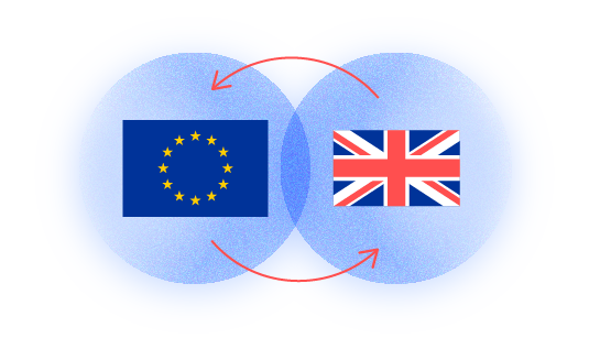 Illustration af EU-flaget og Det Forenede Kongeriges flag i to overlappende cirkler forbundet af buede pile, hvilket repræsenterer udveksling og samarbejde mellem EU og UK. 