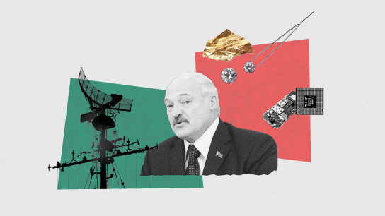 Κολάζ στο οποίο απεικονίζονται ο Aleksandr Lukashenka, πύργος ραντάρ σε πράσινο φόντο, χρυσά και διαμαντένια αντικείμενα σε κόκκινο φόντο και ηλεκτρονικά εξαρτήματα, όπως ένας μικροεπεξεργαστής και μια πλακέτα κυκλωμάτων.