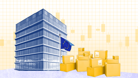 Illustrazione di un edificio adibito a uffici con una bandiera dell'Unione europea accanto a una grande pila di pacchi da spedizione, che suggerisce una regolamentazione del commercio o delle spedizioni connessa all'UE.