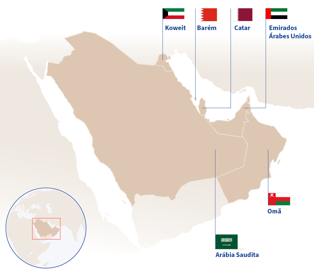 Mapa onde se destacam os seis Estados árabes do Golfo que fazem parte do Conselho de Cooperação do Golfo: Arábia Saudita, Emirados Árabes Unidos, Omã, Koweit, Catar e Barém.