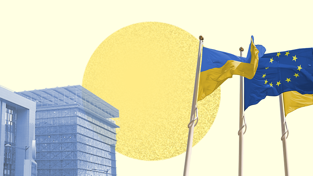 Links das Europa-Gebäude und in der Mitte ein großer gelber Kreis; rechts die Flaggen der Europäischen Union und der Ukraine.