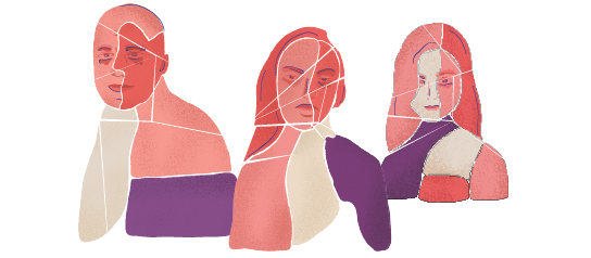 Illustratsioon, millel on mees, naine ja laps, kes on joonte abil tükkideks jagatud, et kujutada inimkaubandust