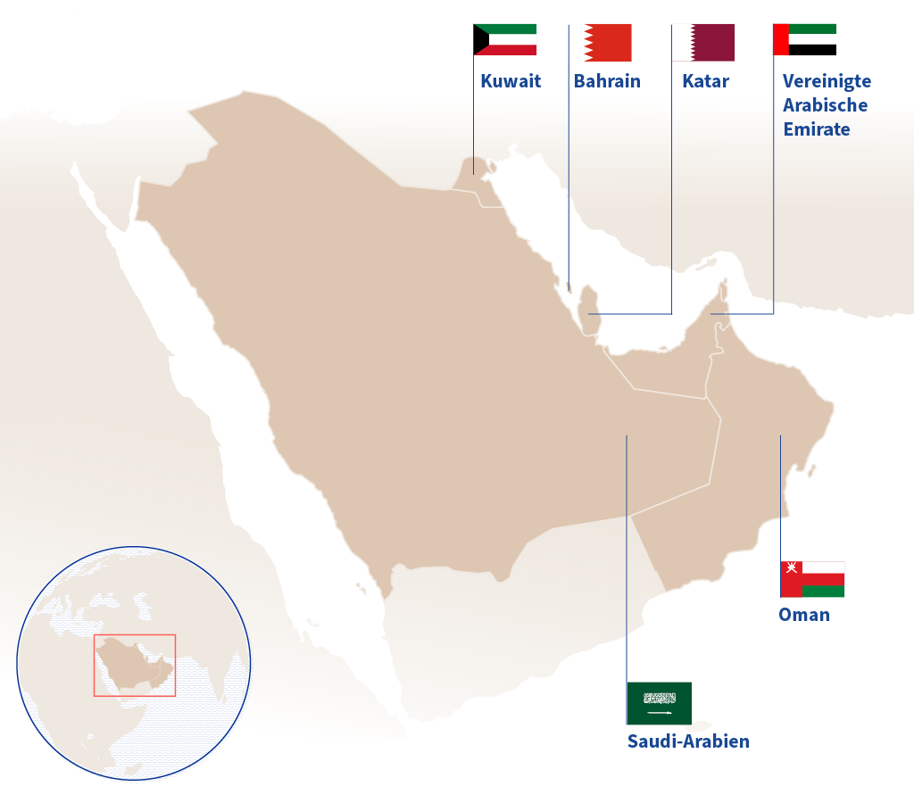 Eine Karte zeigt die Umrisse und Flaggen der sechs arabischen Golfstaaten, die dem Golf-Kooperationsrat angehören: Saudi-Arabien, Vereinigte Arabische Emirate, Oman, Kuwait, Katar und Bahrain.