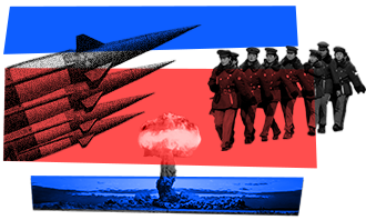 Collage composto da missili, una bomba atomica che esplode e un gruppo di soldati che marciano in fila.