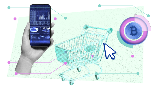 En hand som håller en smarttelefon med grafer och finansiella data, kryptovaluta och en digital kundvagn. 