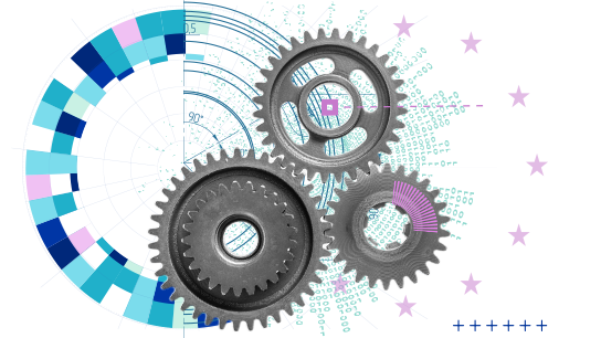 Trois engrenages emboîtés sur un diagramme circulaire comportant des segments à code couleur et du code binaire.