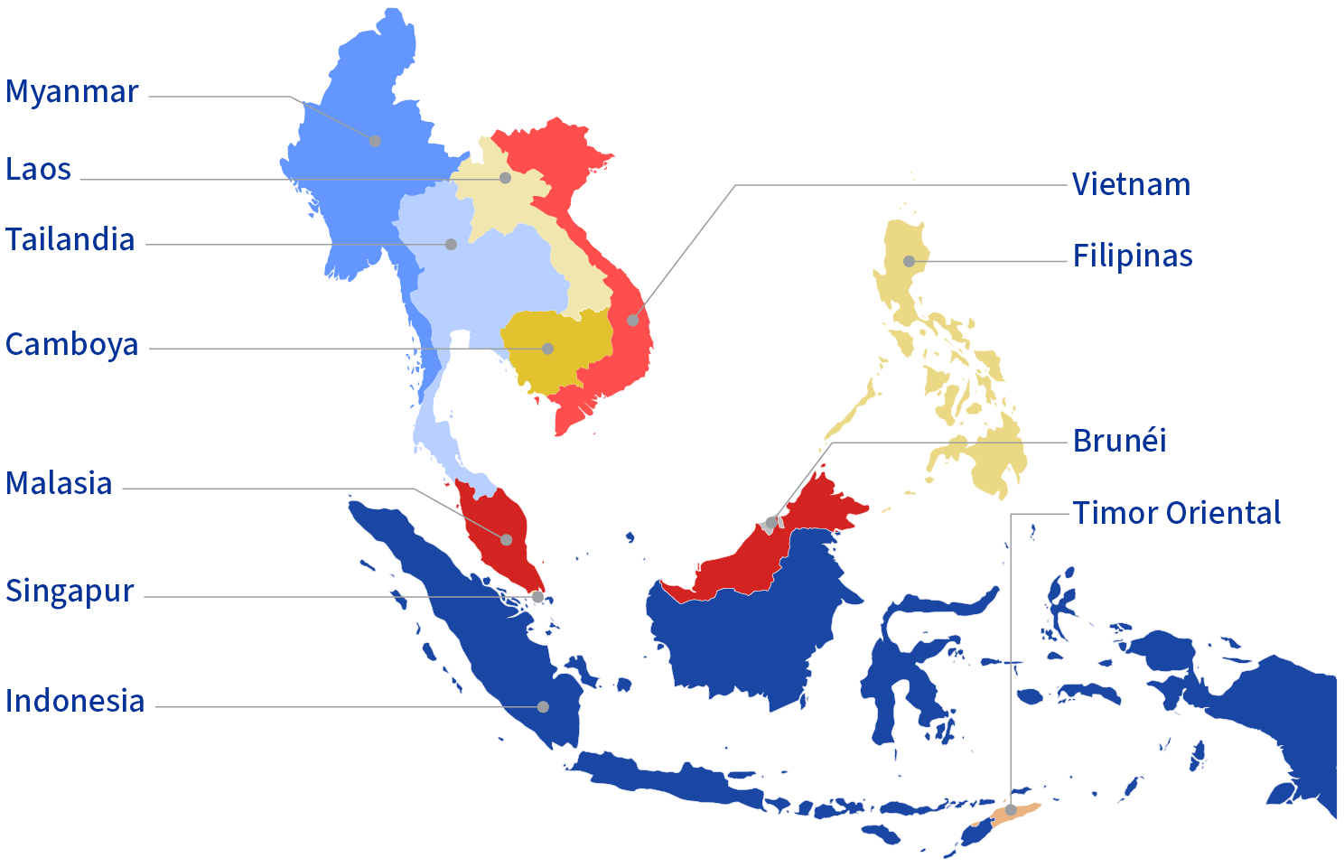 Mapa del sudeste de Asia en el que se indican los once Estados de la ASEAN: Brunei, Camboya, Indonesia, Laos, Malasia, Myanmar, Filipinas, Singapur, Tailandia, Timor Oriental y Vietnam.