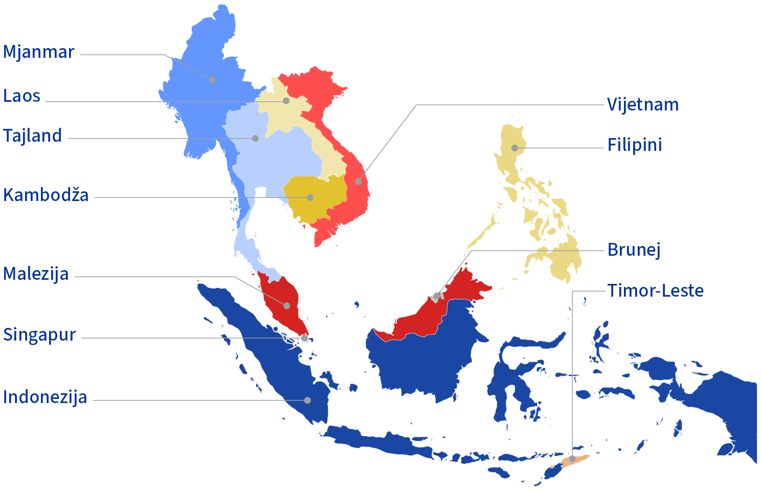 Zemljovid jugoistočne Azije na kojem je označeno 11 država ASEAN-a: Brunej, Kambodža, Indonezija, Laos, Malezija, Mjanmar, Filipini, Singapur, Tajland, Timor-Leste i Vijetnam.